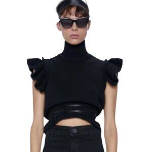 Zara Mock Neck Knit Sweater Womens Medium Black Flutter Sleeve Cotton Pullover